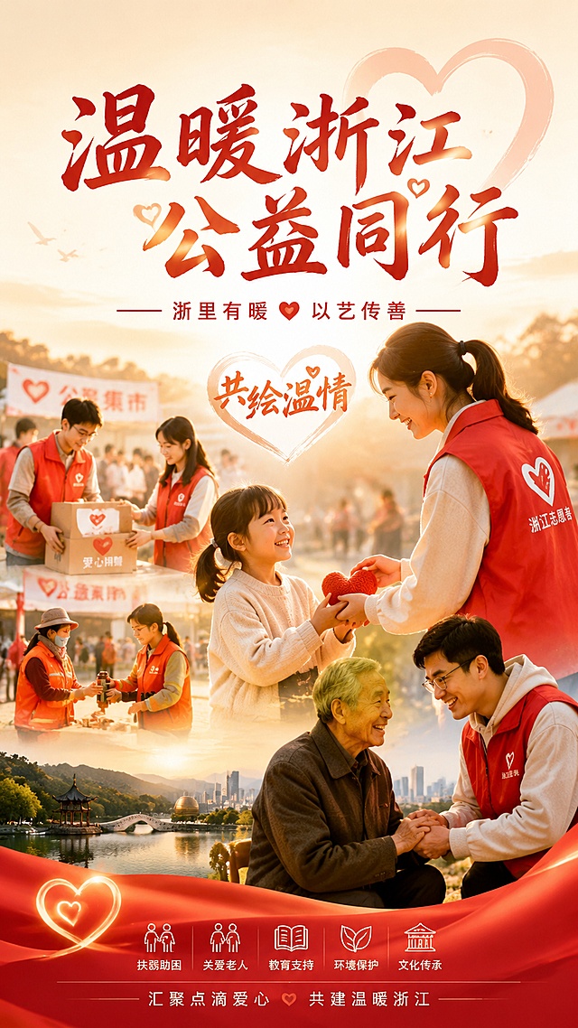 温暖浙江公益同行主题公益海报，写实温情风格，暖色调，构图饱满。画面展示浙江公益场景，志愿者爱心传递，民生温情互动，整体情感真挚，具备公益感染力。画面包含文字：主标题"温暖浙江 公益同行"，副标题"浙里有暖 以艺传善"，装饰文字"共绘温情"。版式精美，主次分明，文字清晰可读，适合线上线下传播，传递公益理念，呼吁社会参与。