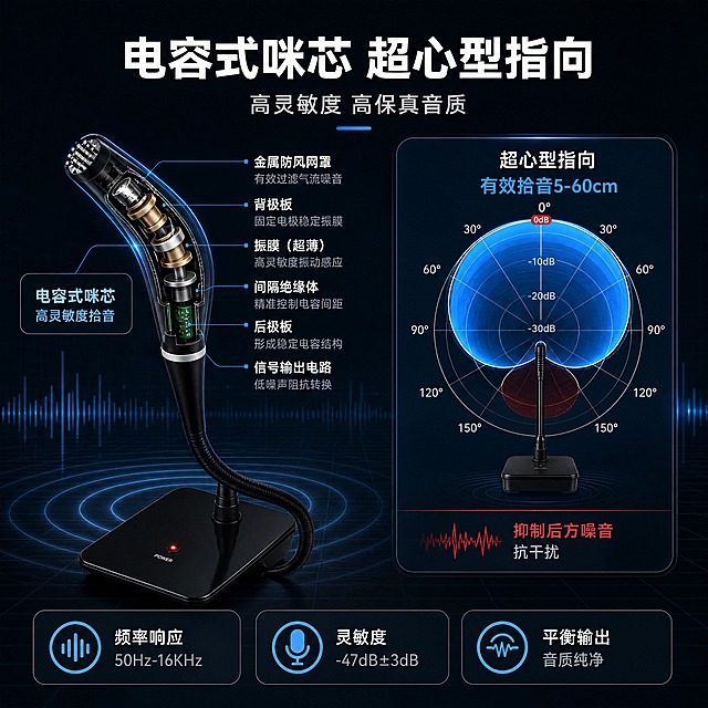 [商品] 使用【图1】黑色电容式鹅颈桌面麦克风HA-124WA；保留产品完整结构，重点展示咪头部分与拾音方向；做剖面/内部结构示意，展示电容式咪芯内部构造与超心型指向拾音范围；不改变产品外观比例和颜色。
[画面] 第3张·核心技术/音质原理，目标解析电容式咪芯与超心型指向技术优势。爆炸/剖面型版式：左侧产品咪头做半透明剖面，展示内部电容咪芯结构；右侧用可视化图形展示超心型指向拾音范围（前方灵敏度高、后方抑制）；产品占画面约50%，技术示意占50%；背景为深灰蓝科技空间，有波形线条和声波扩散效果；前景声波可视化图形，中景产品剖面，远景深色渐变+网格。
[视觉] 套系策略：风格=京东数码专业商务科技风；标题字=现代无衬线粗黑体；正文字=简洁无衬线中黑体；主色=深炭黑+深空灰；背景延展=基于深炭黑做深浅渐变、同色层级和细腻磨砂金属质感；强调色=科技蓝+红色（仅用于电源指示、图标高亮和小面积标签）；标题色=纯白色；正文色=浅灰蓝；组件=细线圆角信息卡、发光引线、科技感标签、声波可视化图形；光影=侧光突出剖面结构，科技蓝发光线条点缀。
[文字] 顶部主标题"电容式咪芯 超心型指向"，副标题"高灵敏度 高保真音质"；左侧剖面旁标注"电容式咪芯 高灵敏度拾音"；右侧指向图旁标注"超心型指向 有效拾音5-60cm"、"抑制后方噪音 抗干扰"；底部3个技术参数点："频率响应 50Hz-16KHz"、"灵敏度 -47dB±3dB"、"平衡输出 音质纯净"；所有文字横排，技术说明清晰。
[规格] 图片比例1:1方版，4K，负向提示：避免变形、错字、文字过小、产品外观改变、虚构技术、京东logo/水印、极限词。
