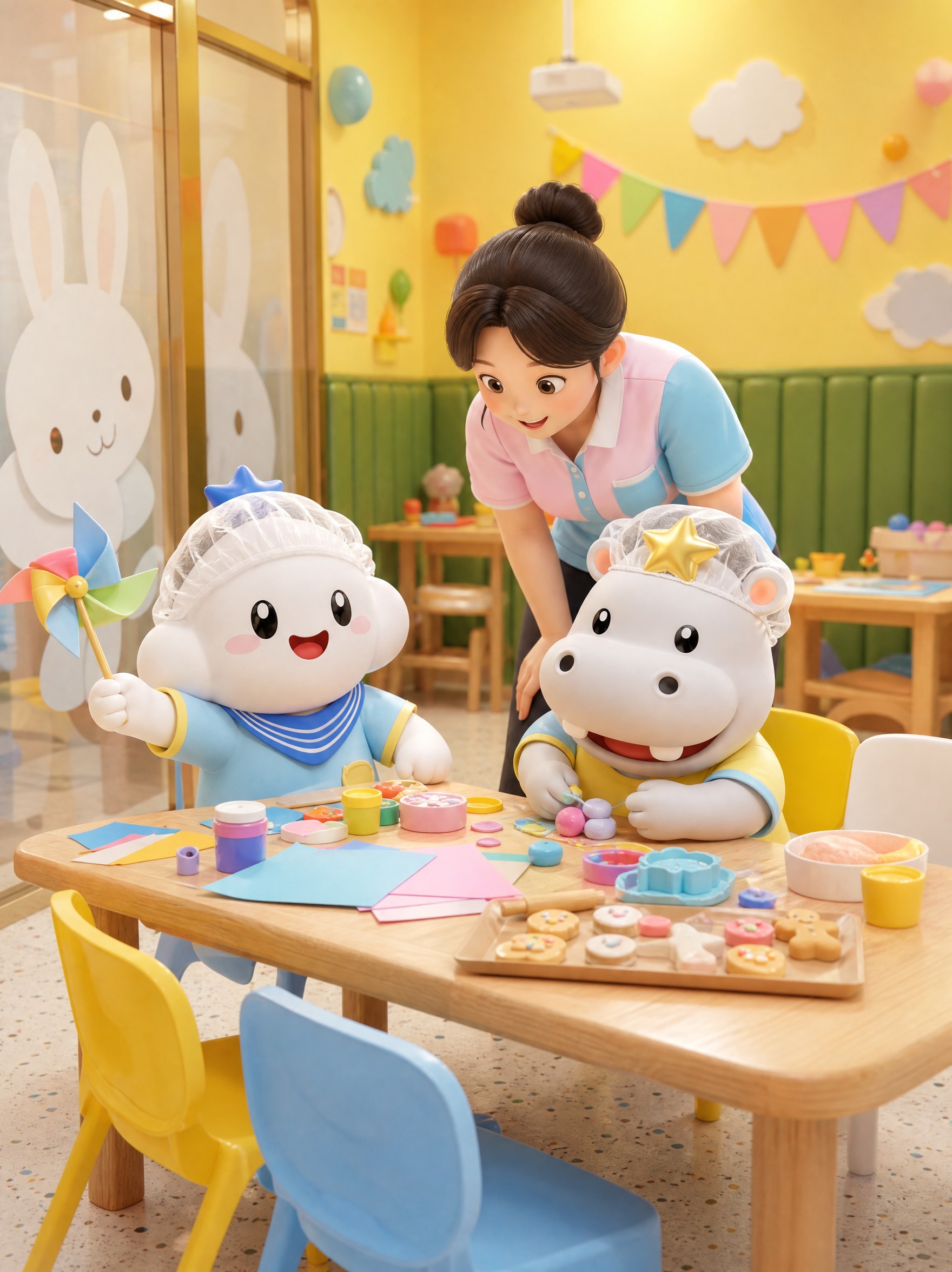 生成一张3:4竖版3D卡通渲染图：两个IP小时候在「糖果会托管… - 图片创意预览