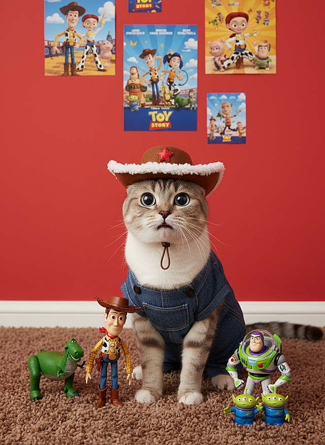 猫咪化身胡迪，可爱卡通拟人风，童趣满满。