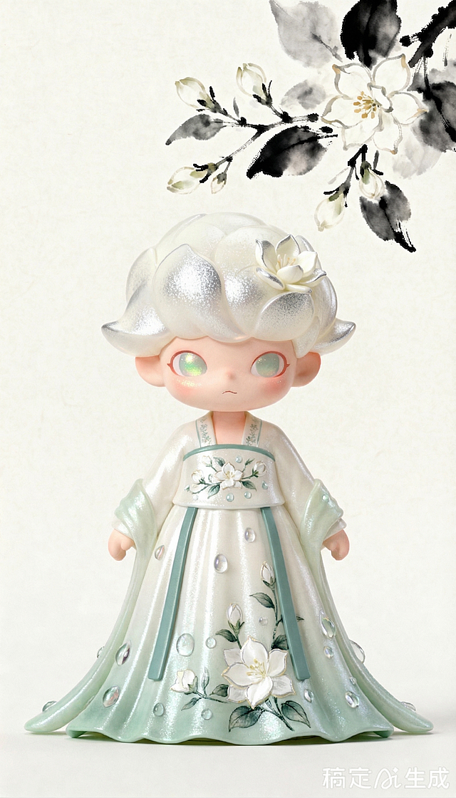 基于参考角色，保持原角色特征和发型不变，设计一套齐胸襦裙古风衣服搭配，融入茉莉、清露元素，白色背景