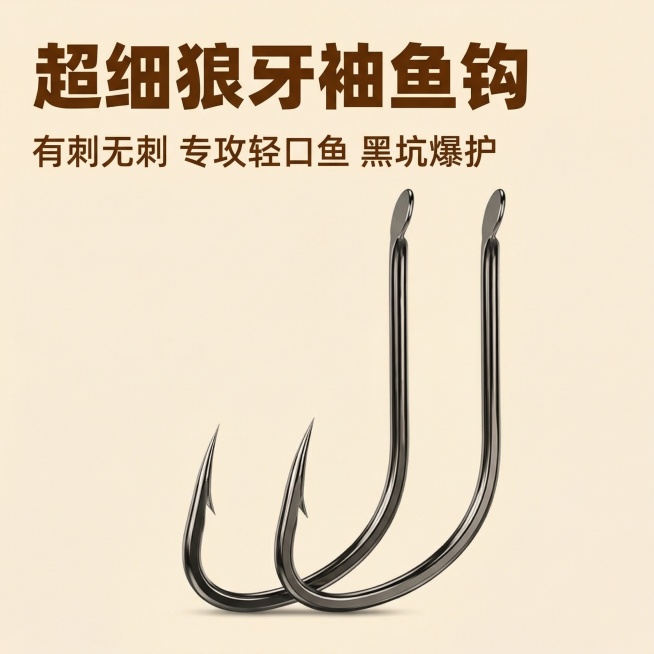 [主图1] 拼多多狼牙袖鱼钩商品首图
[氛围/风格] 简约醒目干净的电商主图风格，突出产品细节
[画面元素] 保留参考图鱼钩外观，仅展示1-2个超细狼牙袖鱼钩，鱼钩放置干净浅色背景上，整体画面简洁无冗预览效果
