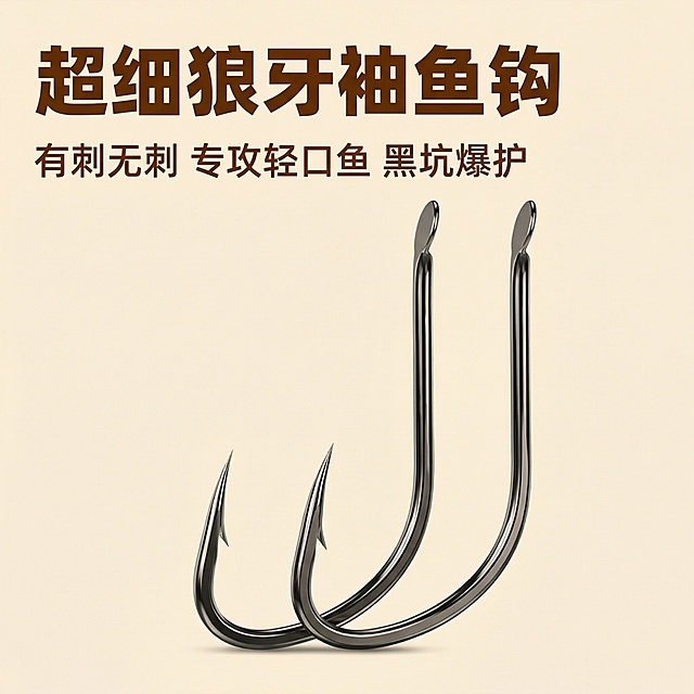 [主图1] 拼多多狼牙袖鱼钩商品首图
[氛围/风格] 简约醒目干净的电商主图风格，突出产品细节
[画面元素] 保留参考图鱼钩外观，仅展示1-2个超细狼牙袖鱼钩，鱼钩放置干净浅色背景上，整体画面简洁无冗余元素，鱼钩居中展示，细节清晰金属质感强烈
[配色色系] 浅色简约背景，深棕色/黑色文字与背景形成强对比
[视角构图] 居中平视构图，景深较浅，主体突出
[文字版式] 放大产品名"超细狼牙袖鱼钩"放置画面左上区域，粗体深棕色；下方副标题核心卖点"有刺无刺 专攻轻口鱼 黑坑爆护"，字体稍小，同样深棕色；文字与背景颜色反差明显，不遮挡鱼钩主体，遵循拼多多简约直白风格
[比例分辨率] 1:1比例，2k分辨率