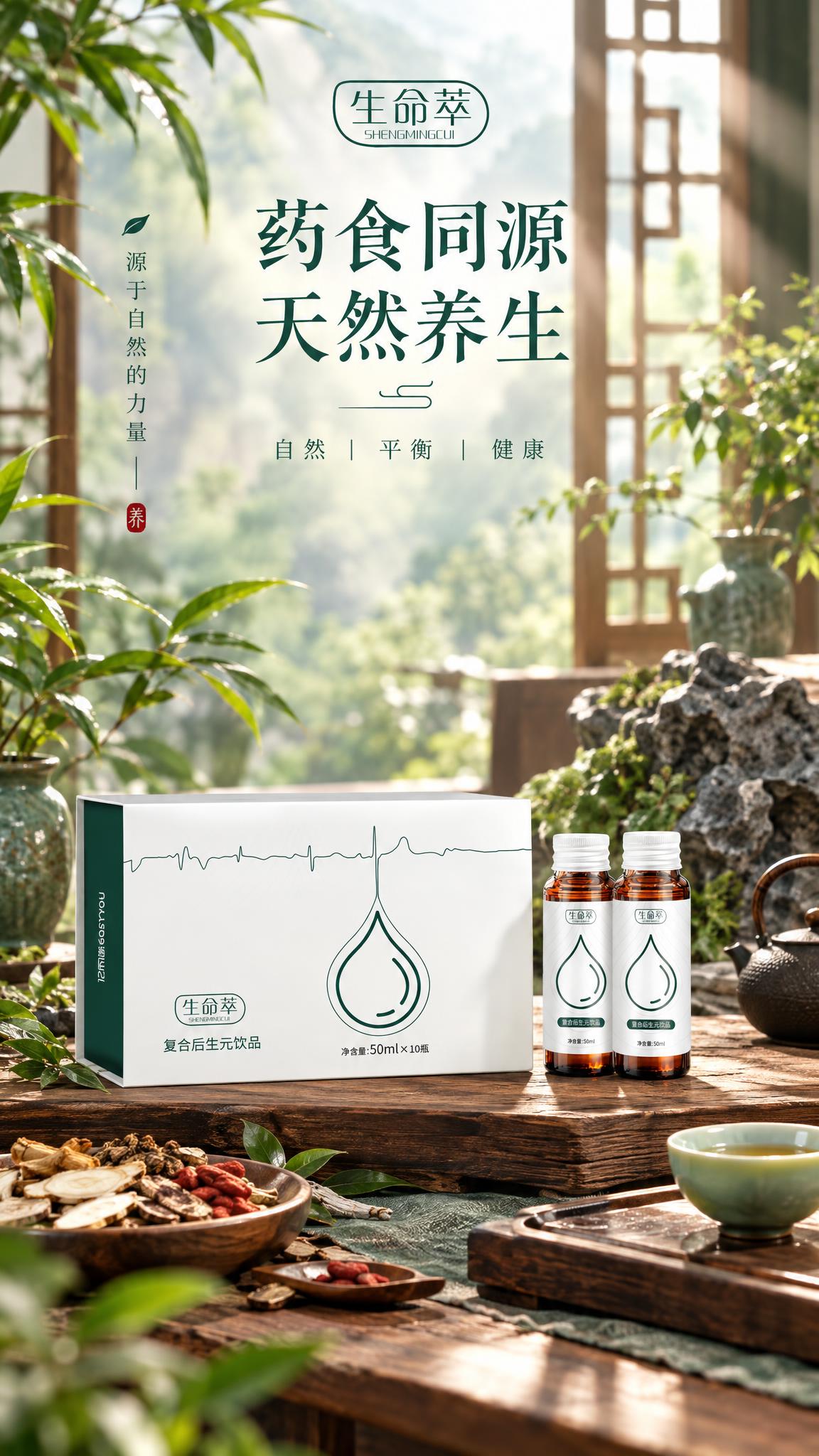 基于图中的生命萃复合后生元饮品产品（礼盒+两瓶口服液），生成一… - 图片创意预览