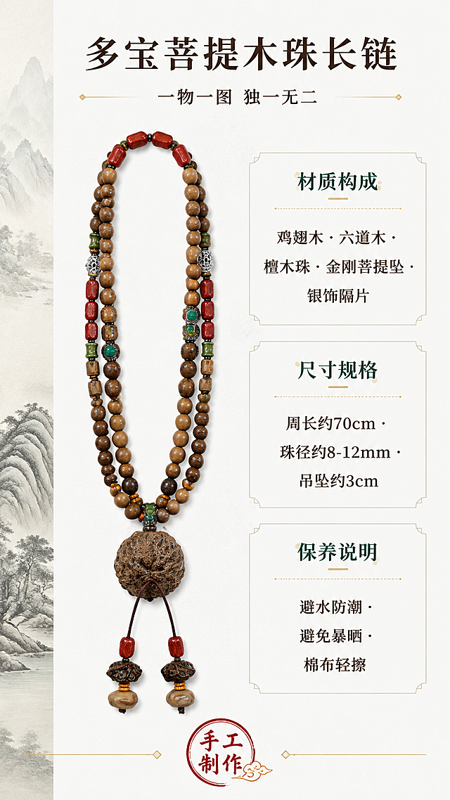 [第6屏 全新重绘] 详情页规格信息-尺寸材质保养说明信息卡。本屏使用【图1】作为产品标准照。
[氛围/风格] 简约雅致信息卡风格，素白底，清晰易读，新中式极简设计。
[元素布局] 画面左侧为项链竖版垂挂标准照，从画面顶部挂到中部，大吊坠居中，占比约45%，产品外观与输入图完全一致；右侧为竖排信息区域，分为三个横向模块：上方「材质构成」、中间「尺寸规格」、下方「保养说明」；画面底部为品牌感印章式收尾；背景为纯白色宣纸纹理，左侧有一竖条淡墨色山水装饰带。
[光影质感] 顶部均匀柔光，产品清晰明亮，无明显阴影，信息区域干净整洁，整体光线均匀柔和。
[配色色系] 全局底色 #FFFFFF（宣纸白）；主色深棕；辅助色墨绿标题、暗红印章、金色细线点缀。
[视角构图] 左图右文竖版布局，产品居左，信息居右，阅读动线顶部标题 → 左侧产品 → 右侧三模块自上而下 → 底部印章。
[文字版式] 顶部居中主标题「多宝菩提木珠长链」，副标题「一物一图 独一无二」；右侧三模块：【材质构成】鸡翅木·六道木·檀木珠·金刚菩提坠·银饰隔片；【尺寸规格】周长约70cm · 珠径约8-12mm · 吊坠约3cm；【保养说明】避水防潮 · 避免暴晒 · 棉布轻擦；底部红色印章式文字「手工制作」；字体宋体为主，标题加粗，字色深棕+墨绿，清晰可读。
[比例分辨率] 9:16 竖版比例，4K分辨率，文字清晰可辨，高清画质。
[负向提示词] 出现人脸，出现人物，产品变形，文字错乱模糊，水印，背景杂乱，颜色偏差。
