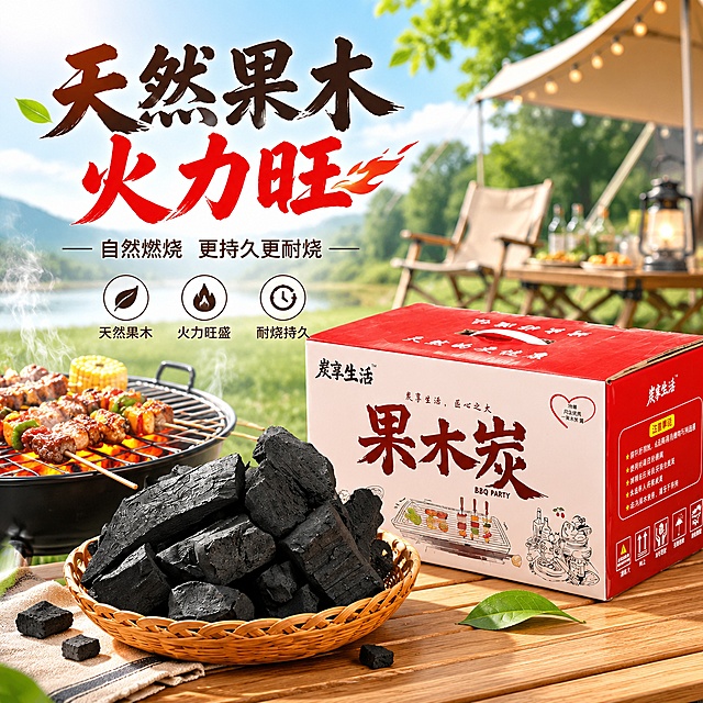 「图片1」，生成电商主图（2张），商品名称是果木炭，卖点是天然果木，火力旺，风格是露营野炊，适配淘宝/天猫平台，主图比例为1:1「图片1」「图片1」「图片1」「图片1」「图片1」「图片1」「图片1」「图片1」「图片1」