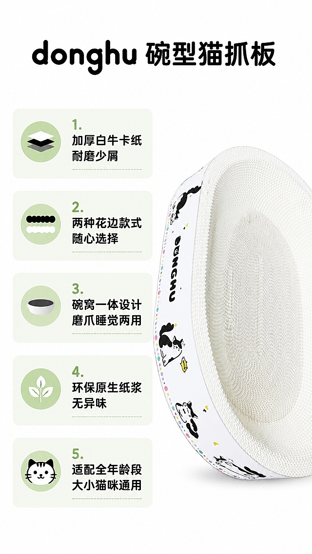 [第8屏] 卖点汇总页-汇总donghu猫抓板核心卖点，完整呈现产品优势。
[氛围/风格] 清晰总结风，信息完整，排版整齐，简洁大气。
[元素布局] 卡通印花款猫抓板放置在画面右侧，占比约50%，左侧排列五个核心卖点卡片，每个卖点搭配对应图标，清晰列出产品核心优势，产品外观和印花与输入图【图1】一致，无人物入镜。
[光影质感] 均匀柔光，整体明亮干净，产品和文字都清晰可读。
[配色色系] 全局底色 #FFFFFF，浅绿色卖点卡片，黑色文字，整体清新干净。
[视角构图] 左文右图构图，信息分区清晰，阅读流畅。
[文字版式] 顶部主标题donghu 碗型猫抓板，左侧五个卖点卡片分别写：1.加厚白牛卡纸 耐磨少屑；2.两种花边款式 随心选择；3.碗窝一体设计 磨爪睡觉两用；4.环保原生纸浆 无异味；5.适配全年龄段 大小猫咪通用。文字排版整齐，大小适中，清晰易读。
[比例分辨率] 9:16 竖版比例，4K分辨率，文字清晰可辨，高清画质。
[负向提示词] 产品变形，印花错乱，文字过小，排版混乱，水印，人物入镜。