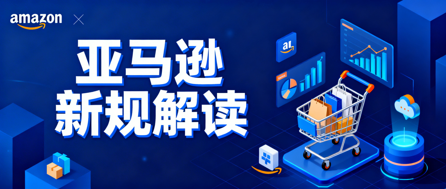 亚马逊主题公众号封面图，标题文字"亚马逊新规解读"，商务风格设计，深蓝色为主色调，带有亚马逊电商元素，专业科技感，标题文字醒目突出，布局简洁大气预览效果