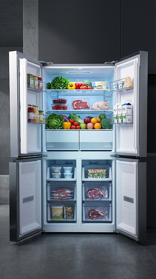 保持产品形态特征细节，为这个冰箱添加食物带除菌效果光效并添加一个高级黑灰色简约场景