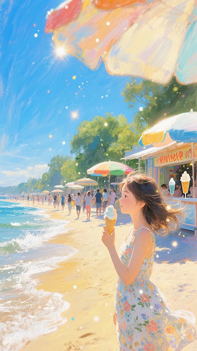 蓝天空下，阳光明艳。海边金黄沙滩绵延，海浪翻涌。遮阳伞色彩缤纷，冷饮店前人群熙攘。远处绿树葱茏。女孩穿碎花裙，手持冰淇淋，微风拂动发丝，尽显夏日的炽热、惬意与生机。