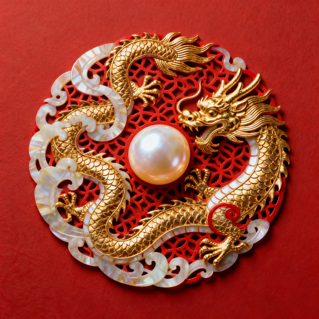 京族龙戏南珠纹设计，传统吉祥纹样，龙纹缠绕南珠，融合北海贝雕镂空肌理，红金配色，高清展示纹样细节，适合设计素材参考预览效果
