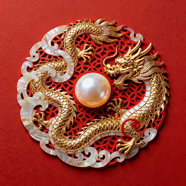京族龙戏南珠纹设计，传统吉祥纹样，龙纹缠绕南珠，融合北海贝雕镂空肌理，红金配色，高清展示纹样细节，适合设计素材参考