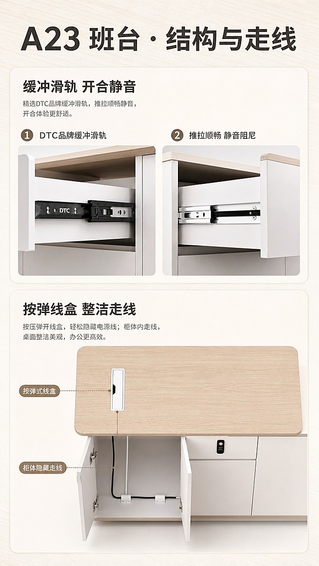[商品] 使用【图6】【图7】抽屉滑轨特写和【图8】班台俯视图线盒；保留白色抽屉、黑色/白色金属滑轨、浅木色桌面、按弹式线盒的结构、颜色和材质；商品处理：增强滑轨的精密金属质感、线盒的细节清晰度，统一画面色调为浅木+暖白，不改变产品结构。
[画面] 页面目标：A23班台结构与走线功能展示。构图：左文右图（上下分块），上半部分展示抽屉缓冲滑轨（用【图6】【图7】左右并列对比），下半部分展示按弹式线盒+柜体走线（用【图8】桌面俯视+引线示意走线）。阅读动线：从上到下，先滑轨后走线。背景为暖白渐变+浅木纹底纹。
[视觉] 套系策略：风格=现代简约商务风 国内电商详情页；标题字=思源黑体 Bold 粗体；正文字=思源黑体 Regular；主色=浅原木色+暖白色；背景延展=基于浅木色与暖白色做深浅层级、同色渐变和细腻哑光纸面/木纹质感；强调色=中灰胡桃木色，仅用于小面积图标、引线、标签和序号圈；标题色=深炭灰；正文色=中暖灰；组件=圆角浅底信息卡、细线引线、功能标注箭头；光影=柔和均匀产品光，突出结构细节。
[文字] 主标题「A23班台 · 结构与走线」；上半区标题「缓冲滑轨 开合静音」，配两张滑轨特写，标注「DTC品牌缓冲滑轨」「推拉顺畅 静音阻尼」；下半区标题「按弹线盒 整洁走线」，配桌面线盒俯视图，用引线标注「按弹式线盒」「柜体隐藏走线」。文字全部横排，字号手机端可读。
[规格] 图片比例9:16竖版，4K分辨率，medium质量。避免变形、错字、文字过小、产品结构改变、极限词。