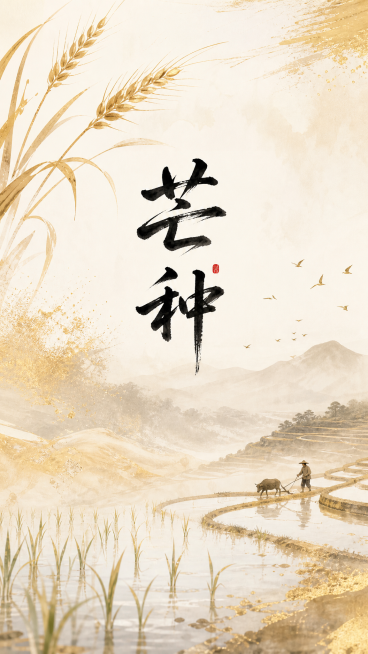 1080×1920竖版海报，中国二十四节气芒种，新中式国风，水墨渐变，简约高级留白构图，典雅配色，搭配书法字体，融入芒种节气农耕元素，高清精致商业海报，无多余文字预览效果
