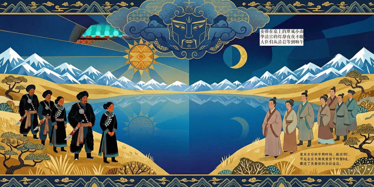 扁平风格绘本插画，遥远的北方糯海厄波湖畔故事画面，以“糯海厄”大湖为视觉中心，采用对称式水平构图，湖面如镜分割天地。太阳与月亮同时出现在同一片天空，天神厄莎隐现在云层中，用几何化的太阳和月亮符号置于湖预览效果