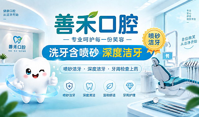 以这张参考图为基准，保持完全一致的品牌视觉风格、构图版式和浅蓝白配色，制作善禾口腔的另一张美团店铺头图。画面主体：左侧保留可爱的3D白色卡通牙齿吉祥物（微笑、眨眼、竖起大拇指、周围有蓝色光效和水流），右侧保留现代化牙科诊疗室背景（牙科椅、无影灯、器械托盘、明亮窗户）。中央主标题“善禾口腔”，副标语“— 专业呵护每一份笑容 —”，核心横幅大字改为“洗牙含喷砂 深度洁牙”，下方胶囊框内文字改为“喷砂洁牙 · 深度洁牙 · 牙周检查上药”。底部四个卖点图标配文改为：盾牌“喷砂洁牙”、牙齿“深度清洁”、叶子“温和舒适”、钻石“牙周护理”。画面中增加一个醒目的“喷砂洁牙”黄色徽章，置于核心标题旁。左上角保留小字“健康口腔 从洁牙开始”，右上角保留竖排小字“专业 安心 舒适 微笑常在”。保持横版头图比例，画面干净、专业、明亮，文字清晰准确。