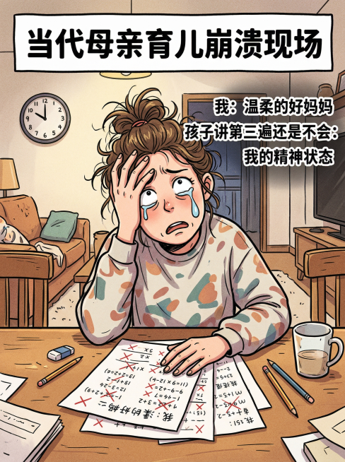 搞笑心理学梗图，内容是辅导孩子写作业时母亲崩溃要哭，画面：一位妈妈坐在客厅书桌旁，头发凌乱，手扶额头眼眶含泪，旁边摊着孩子写错的作业，风格夸张搞笑，配文：“我：温柔的好妈妈 孩子讲第三遍还是不会：我的预览效果