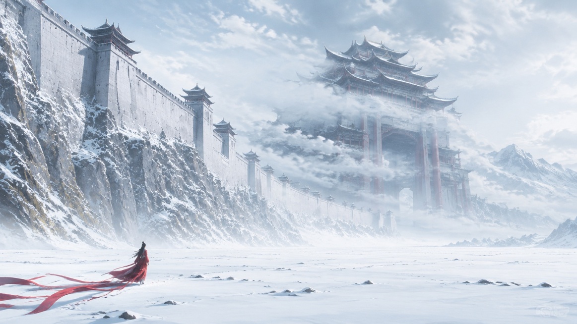 【构图】侧视纵深广角构图，前景一望无际平整厚积雪荒原，雪面零星散落碎石，画面左下角仅有一个极小古装女子背影；左侧陡峭覆满残雪的嶙峋岩壁，岩壁上筑起连绵高耸白色夯土宫墙，墙顶均匀分布小型雪顶中式敌楼；画预览效果