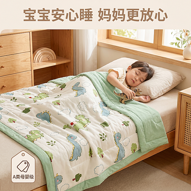 [主图 7] 夏凉被儿童场景使用展示，突出母婴级安全适配儿童。[氛围风格] 温馨居家生活感，清新童真风格。[画质] 商业摄影质感，光线柔和通透，产品清晰真实，画面干净高级。[元素] 儿童卧室浅原木风场景，小模特盖着这款夏凉被自然熟睡，夏凉被完整铺开在床上，保持产品花色和材质与原图一致，整体营造温馨舒适睡眠氛围。[光影] 柔和窗边自然光，暖调温馨，突出卧室安静氛围感。[配色] 低饱和原木暖色调搭配夏凉被清新花色，干净舒适。[视角构图] 中景平视，展示完整床铺和孩子自然睡姿，产品占比约65%。[文字版式] 顶部标题 “宝宝安心睡 妈妈更放心”，左下小标签标注“A类母婴级”，文字不遮挡孩子身体和夏凉被主体。[比例分辨率] 1:1比例，2k分辨率；文字清晰锐利，画面超高清。[负向提示词] 变形，水印，文字错乱，产品图模糊，背景杂乱，遮挡主体，配色刺眼。