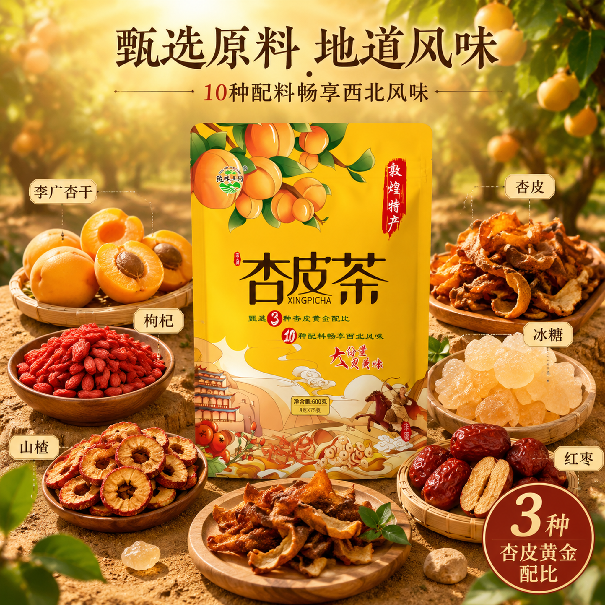 [主图-2] 敦煌杏皮茶原料溯源图 产地与成分展示 [氛围风格… - 图片创意预览