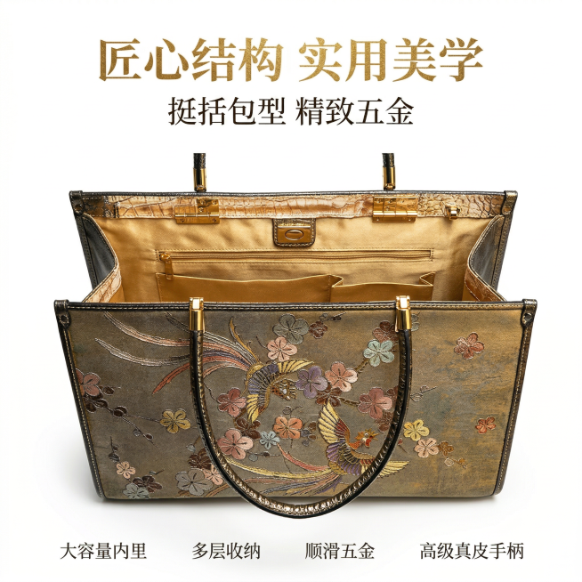 严格还原参考图中的新中式国风刺绣托特包，包括包型结构、五金配件、开合细节。产品打开状态置于画面中心，展示内里空间与五金开合，画面上方居中添加主标题"匠心结构 实用美学"（书法烫金字体），主标题下方添加预览效果