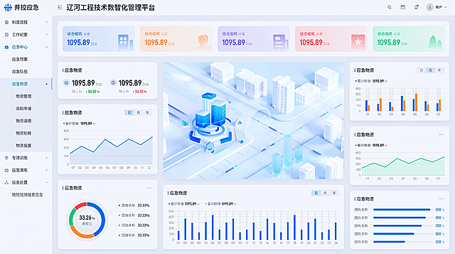 将该B端系统后台页面修改：顶部总名称改为"辽河工程技术数智化管理平台"，原"后台系统"改为"井控应急"；左侧菜单按要求修改为：制度流程、工作纪要、应急中心（下含应急预案、应急队伍、应急物资，应急物资下再包含物资管理、采购申请、物资调用、物资轮转、物资报废）、专项训练、应急演练、应急处置（含抢险现场信息交互）；右侧内容区标题改为"应急物资"，保持整体简约蓝科技感的B端后台风格不变