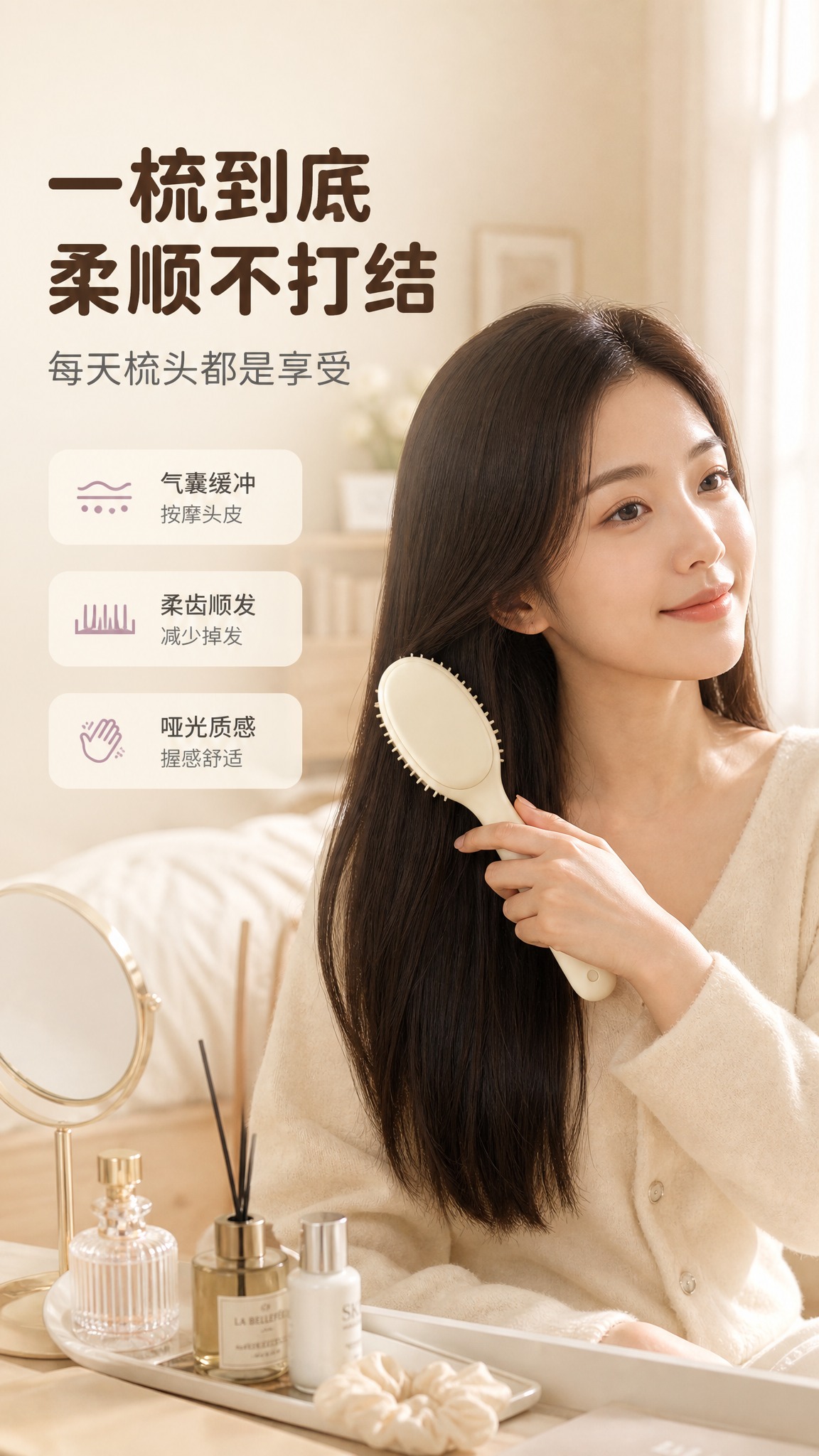 [商品] 使用【图1】奶白色椭圆长柄气囊梳；保留产品结构、颜色… - 图片创意预览