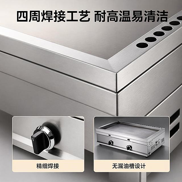 「图片1」，生成一套主图（4张），商品名称是商用燃气扒炉，卖点是整块加厚铁板，快速升温，高效节能省气。四周焊接，不带漏油槽，耐高温，易清洗适配拼多多平台，主图比例为1:1