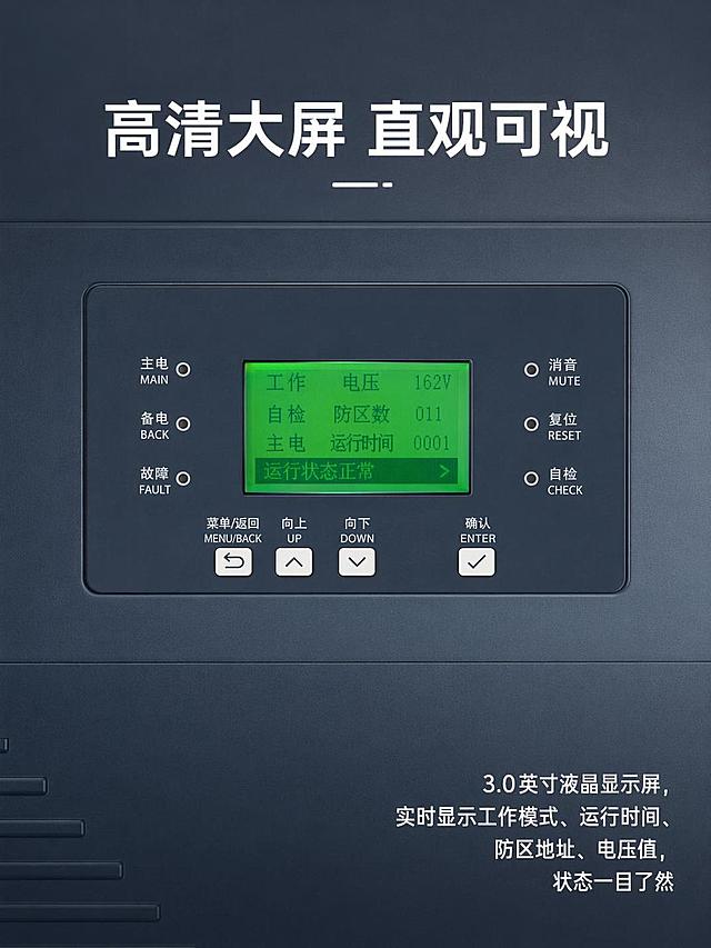 [第6屏] 细节结构展示页面，展示主机屏幕和按键细节。本屏使用【图1】作为展示主体。
[氛围/风格] 微距细节展示，清晰锐利，突出做工品质，专业工业风。
[元素布局] 整屏放大展示产品控制面板区域，占屏比约75%，顶部主标题，右下角标注细节说明文字；保留原图控制面板布局、按键位置、屏幕显示一致。
[光影质感] 侧方打光突出按键边缘和屏幕层次感，阴影自然，细节清晰。
[配色色系] 保持产品原深灰蓝配色，背景浅灰蓝渐变，白色说明文字。
[视角构图] 居中特写构图，控制面板正对观看者，细节清晰可见。
[文字版式] 顶部主标题「高清大屏 直观可视」，右下角说明文字：「3.0英寸液晶显示屏，实时显示工作模式、运行时间、防区地址、电压值，状态一目了然」。文字不遮挡核心细节区域，清晰可读。
[比例分辨率] 3:4 竖版比例，宽度1440，4K分辨率，文字清晰可辨，高清画质。
[负向提示词] 细节变形，按键错乱，屏幕模糊，文字遮挡，颜色偏差