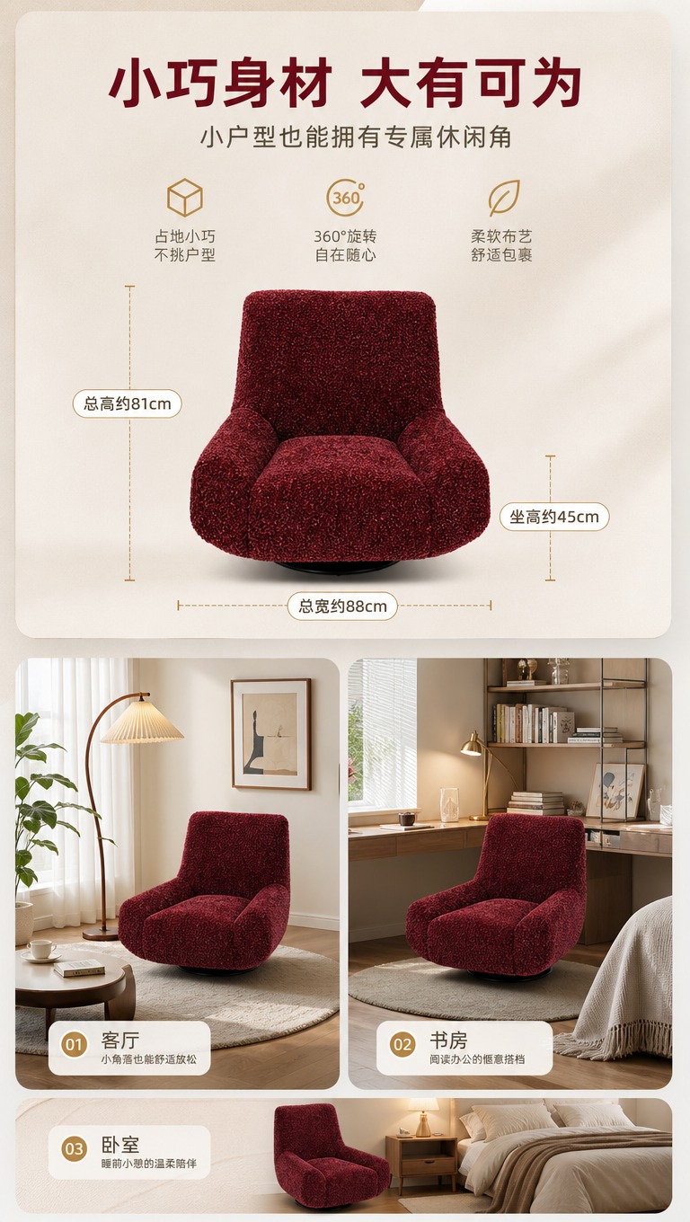 [商品] 使用【图1】酒红色布艺旋转单人休闲椅；保留整体造型、… - 图片创意预览