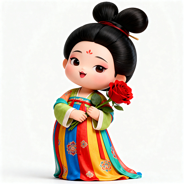 唐代Q版卡通写实风格仕女图，仕女身着彩色艳丽襦裙，梳高发髻，裙子图案清晰，人物全身展示，保留抱着红色玫瑰的姿态，人物表情生动妩媚俏皮，搭配纯白背景