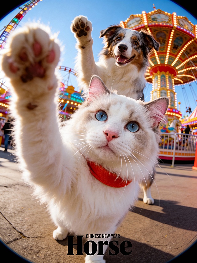 画面底部正中央排版着黑色的粗体小写英文单词“Horse”，字体风格复古且具有设计感，其上方紧随极其微小的无衬线英文“CHINESE NEW YEAR”。画面采用极具冲击力的超广角鱼眼镜头自拍视角。前景占据视觉主导的是一只巨大的猫大头特写（猫为图1的猫），它的一只毛茸茸的前爪夸张地伸向镜头边缘，呈现出强烈的透视变形感。猫咪双眼圆睁，瞳孔呈清澈状，直视镜头，面部毛发丝丝分明，胡须挺翘，带橙红围脖，展现出极度逼真的宠物摄影质感，像以猫咪自拍角度进行拍摄。背景中清晰可见一只前爪高高抬起的边牧（图2的狗狗），它看着镜头，与前景淡定的真猫形成极具幽默感的互动反差。背景环境是热闹的游乐园，旁边有许多闪着彩灯的游乐设施。整体光影为自然日光，色彩鲜艳，兼具时尚杂志大片与趣味网络迷因（Meme）的视觉风格，8K超高清画质，极致的清晰。