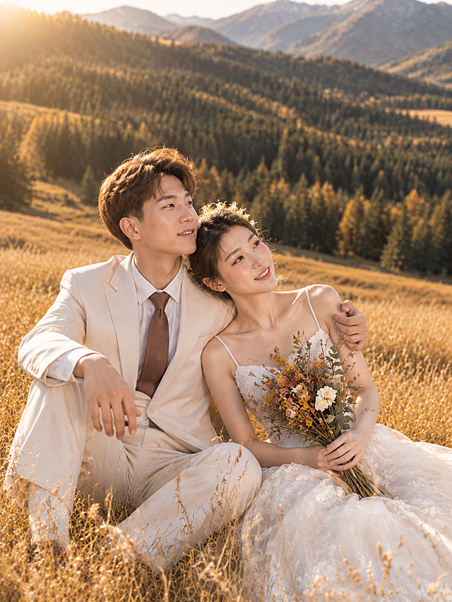 参考图中这对新人的面容、服装和秋日金黄草原山林背景，生成一张新的婚纱照。新郎穿米白色西装棕色领带，新娘穿白色吊带轻婚纱手持秋日干花手捧花，背景为秋天的金黄草甸和远处的松林山脉，温暖侧光。动作：两人并肩坐在草地上，新娘侧身靠在新郎怀里，头枕在新郎肩膀，新郎一只手搂着新娘肩膀，另一只手放在膝盖上，两人一起望向远方的山峦，侧脸轮廓优美，氛围静谧温柔。真实人像摄影质感，色调温暖治愈，姿态自然放松，无AI感。