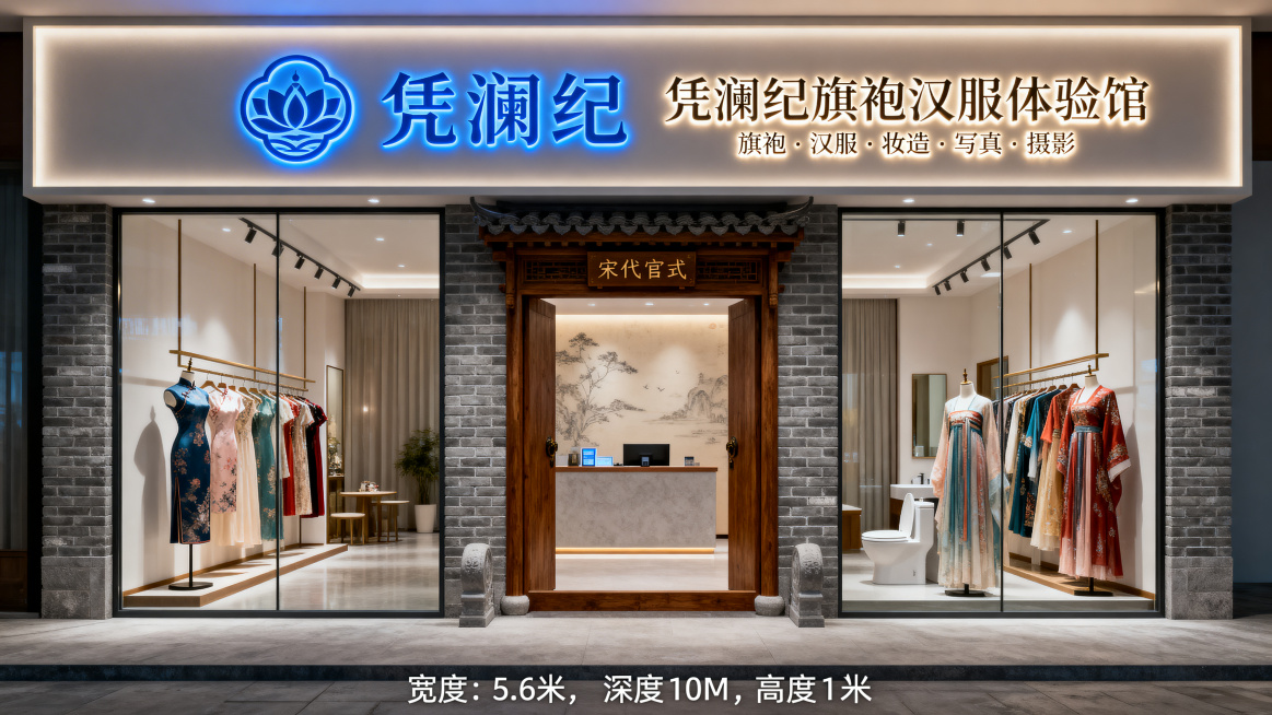 生成开封开封府凭澜纪旗袍汉服体验馆门店效果图，面积100平米，门头宽度5.6米，深度10米，门头高度1米，门头上有附件中的凭澜纪蓝色发光LOGO，右侧正中间大字发光字'凭澜纪旗袍汉服体验馆'，下方小字预览效果