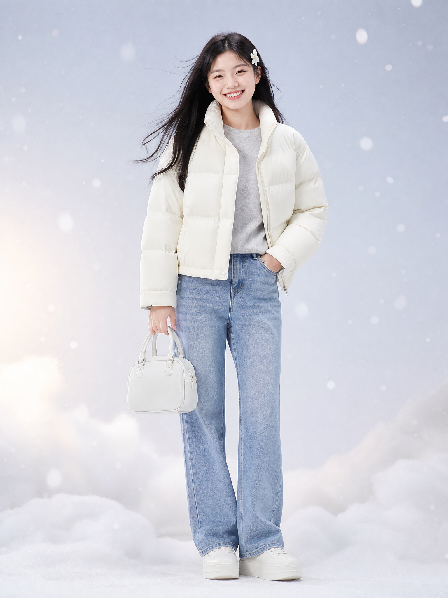 热风hotwind风格冬季女装羽绒服KV，1位年轻东亚女性模特… - 图片创意预览