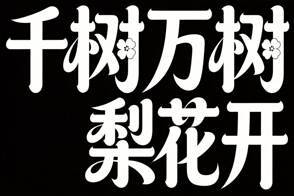 参考参考图字体设计，修改为横向一排排版文字"千树万树梨花开"，白字，纯黑色背景，夸张书法体变形，笔画边缘轻盈，更强夸张的笔画张力和连笔处理，极具艺术感，笔画粗细变化大，每个笔画都带俏皮弧度，用花瓣形代预览效果