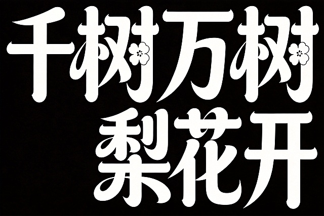 参考参考图字体设计，修改为横向一排排版文字"千树万树梨花开"，白字，纯黑色背景，夸张书法体变形，笔画边缘轻盈，更强夸张的笔画张力和连笔处理，极具艺术感，笔画粗细变化大，每个笔画都带俏皮弧度，用花瓣形代替点笔画，整体体现青春活力，夸张风格，边缘轻盈，笔画边缘拉长，俏皮弧度，富有书法气度，字体与图片边缘保持1cm留白
