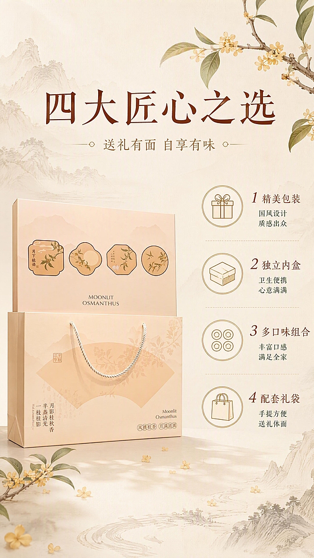 [第2张] 详情页核心卖点页-月饼礼盒四大优势展示。本张使用【图2】米白国风桂花款礼盒作为主体展示。
[氛围/风格] 雅致新中式风格，干净高级，商业摄影质感，突出产品品质与卖点。
[元素布局] 米白国风桂花款月饼礼盒置于画面左侧中部，占比约40%，礼盒外观、桂花图案、颜色与输入产品图一致；右侧为四大卖点图标+文字区域；背景为浅米色宣纸质感，点缀淡墨山水线条与桂花枝叶。
[光影质感] 左侧柔和自然光，右侧均匀补光，礼盒底部轻投影，整体明亮通透。
[配色色系] 全局底色 #FAF6EE 浅米白；主色米杏色、赭石色；辅助色墨绿、浅金。
[视角构图] 正面微侧视角，左图右文布局，阅读动线从左到右、从上到下。
[文字版式] 顶部大标题「四大匠心之选」，副标题「送礼有面 自享有味」；右侧竖排四个卖点模块，每个模块含圆形图标+标题+短句：①「精美包装」国风设计 质感出众 ②「独立内盒」卫生便携 心意满满 ③「多口味组合」丰富口感 满足全家 ④「配套礼袋」手提方便 送礼体面；字体为温润宋体，字色赭石色+墨绿，图标为浅金色描边。
[比例分辨率] 9:16 竖版比例，4K分辨率，文字清晰可辨，高清画质。
[负向提示词] 礼盒变形，颜色偏差，水印，文字错乱，产品图模糊，卖点文字过小。