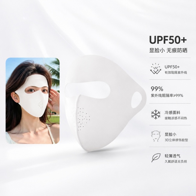 [主图-5] 冷感防晒面罩产品标准展示图，纯白色极简医美背景，整体展示折叠好的白色冷感防晒面罩，左侧保留小尺寸模特佩戴效果图，右侧融合式留白区域排列产品核心卖点，不使用独立色块底，排版简洁。风格医美极预览效果