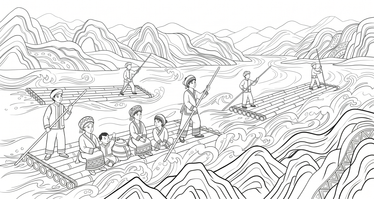 提取出这张插画的线稿，要求线条简洁干净，线条清晰流畅，去除所有颜色，保留完整的人物竹筏山川轮廓预览效果