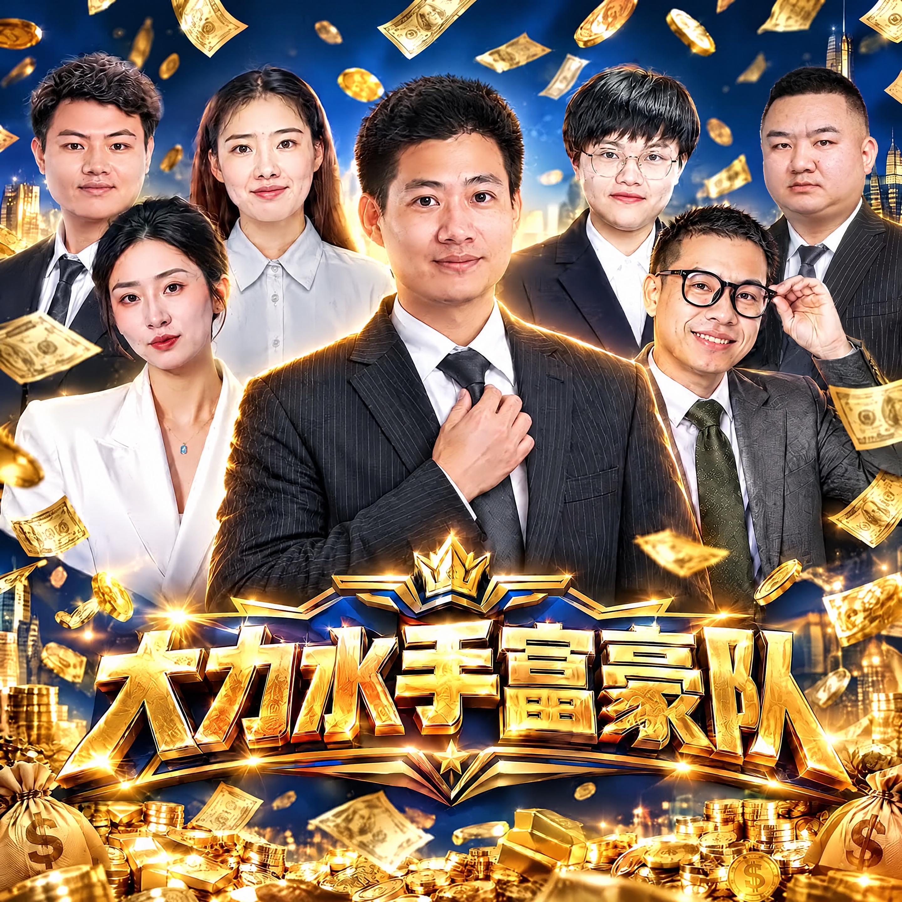 将海报右上角的男士替换为第2张图中的胖男士（穿黑条纹西装、寸头… - 图片创意预览