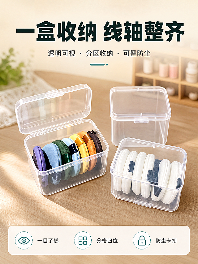 [商品] 使用【图1】透明塑料线轴收纳盒产品图；保留透明盒体、翻盖卡扣、盒内彩色线轴与白色线轴的排列、颜色和材质不变，自然提升透明材质通透度与边缘高光，修复反光噪点，不改变产品结构、比例和外观。
[画面] 页面目标=主图式头图，展示产品全貌与整洁收纳结果，产品海报型构图，主体占画面约65%居中略偏右，前景浅木色桌面，后景虚化的整洁手工收纳柜，阅读动线自上而下：顶部标题区→中部产品→底部信息条。
[视觉] 套系策略：风格=国内电商功能解决型·温馨家居商业摄影；标题字=现代无衬线粗黑体；正文字=简洁无衬线体；主色=暖白米色；背景延展=暖白到浅杏同色渐变+浅木色桌面+柔和光影层次；强调色=蓝绿色，仅用于小面积标签、引线与图标；标题色=深墨绿；正文色=中暖灰；组件=圆角浅底信息卡、细线引线、底部信息条；光影=左前侧暖柔光。产品下方带自然柔和投影。
[文字] 主标题“一盒收纳 线轴整齐”，副标题“透明可视 · 分区收纳 · 可叠防尘”，底部信息条放3个短卖点图标及短词“一目了然/分格归位/防尘卡扣”；所有文字仅横向排版，不遮挡产品主体。
[规格] 国内平台详情图3:4竖版，4K，避免错字、文字过小、竖排文字、产品变形、冷蓝/蓝灰主色调。