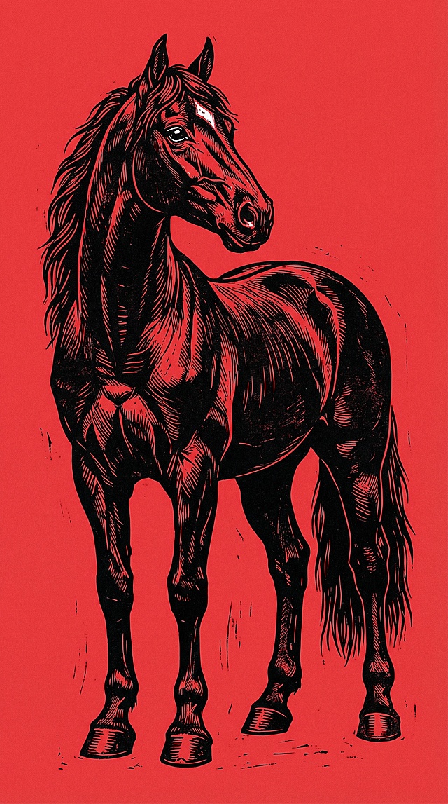 复古感与古典感交织，以双色设计呈现马的体积感，插画风结合版画与印刷质感，红色背景凸显力量与节日氛围。