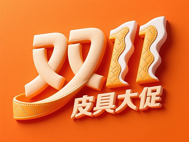 中间主标题”双11""，副标题” 皮具大促""，字体是庄重的，文字的表面是浅卡其皮革的质感，橘色背景，高饱和色彩。