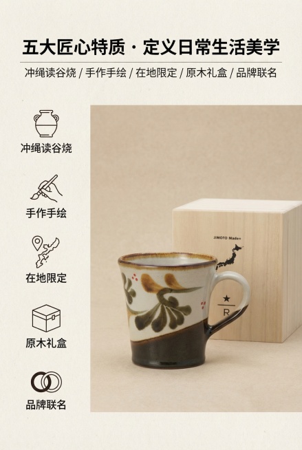2:3竖版，电商详情核心卖点屏，日式极简杂志级精致排版，五大核心卖点可视化呈现，五大卖点分别是冲绳读谷烧、手作手绘、在地限定、原木礼盒、品牌联名，每个卖点配简约线性图标搭配清晰文字，信息层次分明，主标预览效果