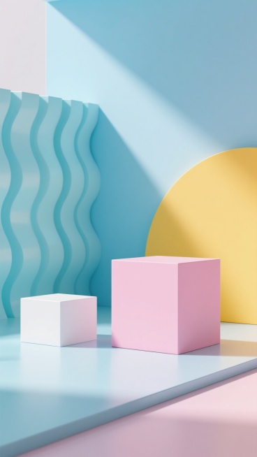 3D渲染风格展台背景，柔和明亮的色彩搭配，主色调为浅蓝色、淡青色、明黄色和粉色，光滑无纹理的几何块面构成，前方有两个矩形展台，较大的粉色展台位于中间偏右，较小的白色展台位于左前方，背景由左侧的淡青色波浪形墙面和右侧的明黄色半圆形色块组成，上方浅蓝色背景墙面有斜向投射的柔和光线形成的阴影，整体光影柔和，高光细节清晰，阴影过渡自然，营造出简约、现代、清新、活泼的氛围，适合产品展示的展台设计，空间感……预览效果