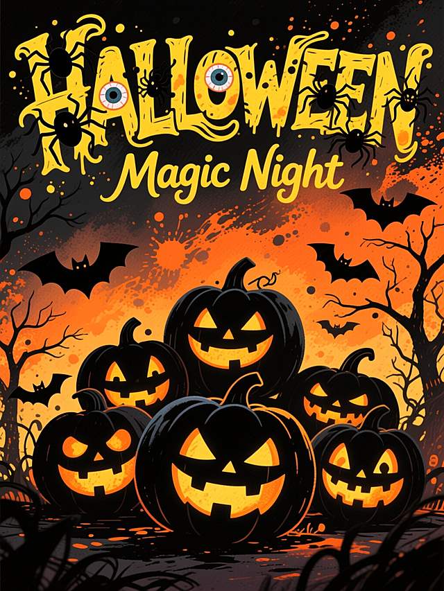 哥特风格与卡通感融合，插画风呈现惊悚又梦幻的万圣夜，大字风标题搭配蜘蛛眼元素，噪点与粒子效果营造神秘氛围。