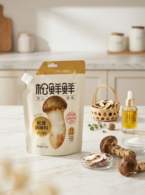 为这款松茸调味料添加适配的厨房食材场景，保留商品主体清晰完整，风格干净清新适合电商展示预览效果