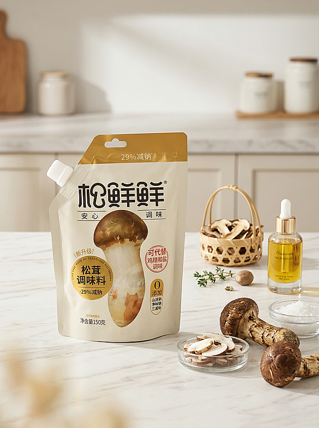 为这款松茸调味料添加适配的厨房食材场景，保留商品主体清晰完整，风格干净清新适合电商展示