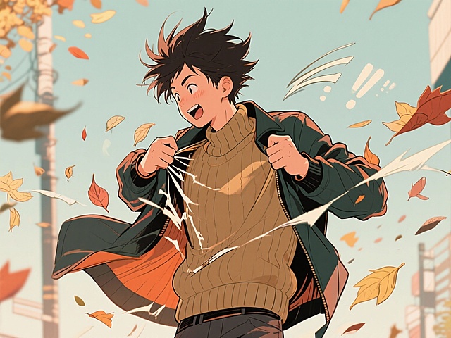 被风刮得缩着脖子的小伙站在街头，两手攥着外套领口猛地一扯，外套 “刺啦” 一声被撕开甩到半空，里面圆滚滚的厚毛衣露了出来。